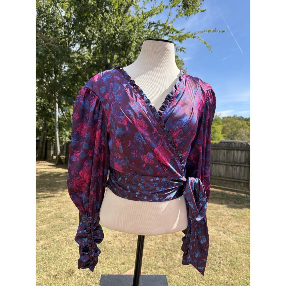 For Love & Lemons Jewel Tones Crop Blouse Silky Whimsigoth Wrap Medium Romantic - Picture 2 of 5